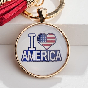Patriotic I Love America tassel keychain with eagle theme and gold metal ring