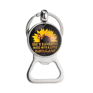 Silver metal sunflower bottle opener keychain with glass gem and inspirational quote art