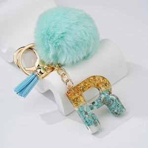 Porte-clés Alphabet en Résine Avec Pompon Fausse Fourrure Vert Menthe Feuille d'Or Incrustation Turquoise Gland Bleu