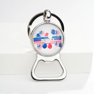 President's Day bottle opener keychain with American flag balloon design on white stand