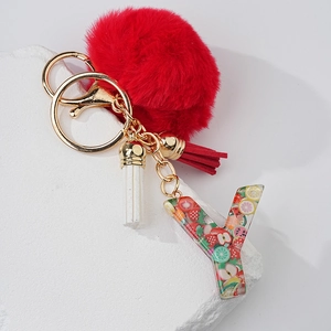 Transparenter Harz Alphabet Buchstabe Schlüsselanhänger Roter Kunstfell Bommel Bunte Fruchtscheiben Doppelquasten Tasche Anhänger