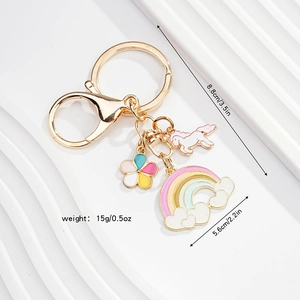 Detailed size view of unicorn and rainbow keychain with measurements in cm and inches