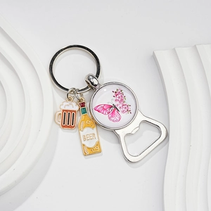 Silver retro butterfly keychain featuring a bottle opener and colorful beer charms