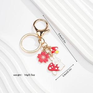 Detailed view of enamel bunny on mushroom keychain with dimensions 8.8x5.6cm