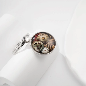 Steampunk vintage clock glass pendant keychain with gear patterns and roman numerals