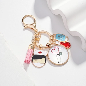 Porte-clés Infirmière Battement de Cœur ECG Stéthoscope Cœur Alliage Plaqué Or Émail Masque Thermomètre Gland Pendentif Cadeau Femmes