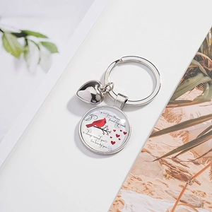 Porte-clés Commémoratif Cardinal Rouge Ton Argent Pendentif Cœur Alliage Verre Cabochon Oiseau Citation Bijou Cadeau Pour Femmes Hommes