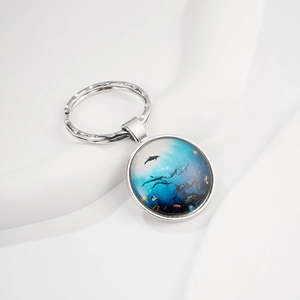 Ocean World Dolphin Round Glass Cabochon Keychain Silver Alloy Time Gem Pendant Fashion Marine Life Key Ring Jewelry