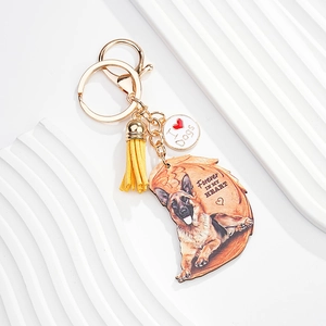 German Shepherd acrylic keychain with gold clasp, yellow tassel and I Love Dogs charm