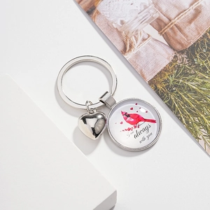 Porte-clés oiseau cardinal avec breloque cœur et gravure I am always with you