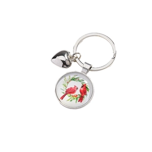 Porte-clés oiseau cardinal argenté avec pendentif cœur et motif couronne festive