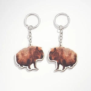 Gros plan détaillé d'une paire de pendentifs capybara en bois avec des porte-clés en métal argenté