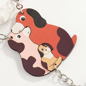 Cute wooden puppy family keychain featuring three nested dogs with silver metal ring