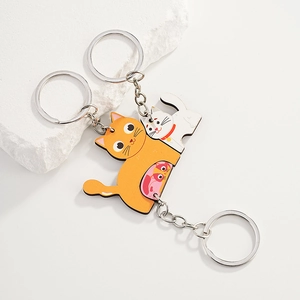 Creative Wooden Splicing Cat Keychain Set Cartoon Animal Puzzle Key Ring For Parent Child Friend Gift Decorative Charm