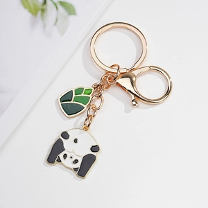 Cute panda and bamboo enamel keychain with gold zinc alloy lobster clasp for bags