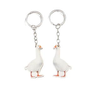 Cute realistic white goose wooden keychains with silver metal rings and lifelike duck patterns