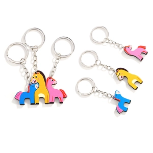 Cute cartoon pony horse wooden keychain pendants in pink, blue, and yellow set of six