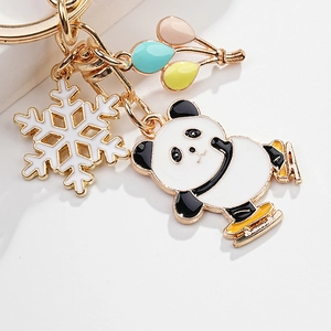 Cartoon panda enamel keychain with snowflake and colorful balloons on gold metal ring