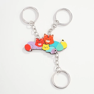 Three-piece set of cute rainbow gradient wooden fox keychains for family and friends