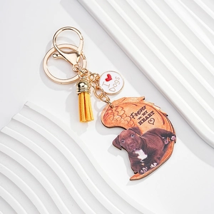 Detail of dog memorial keychain with tassel, angel wings and Forever in My Heart text