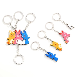 Cute cartoon rabbit wooden keychains in four colors with durable silver metal rings