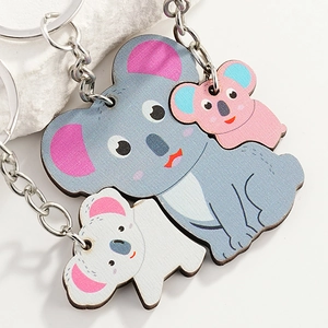 Cute wooden koala keychain set in three sizes with blue and pink cartoon printing