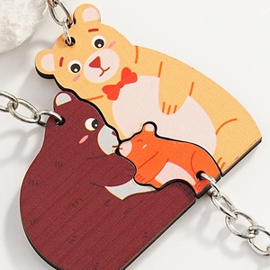 Three-piece family bear wooden puzzle keychain with interlocking cartoon bear charms