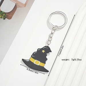 Detailed view of Halloween witch hat keychain showing dimensions 4.5cm width and 11cm length