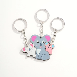 Three-piece cartoon koala family wooden keychain set in blue, pink and white