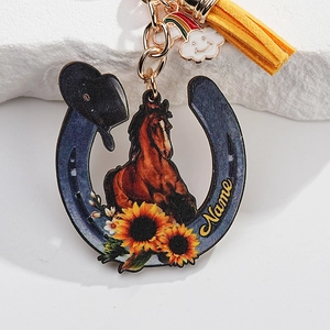 Custom Western horseshoe keychain with sunflower, horse graphics and yellow tassel