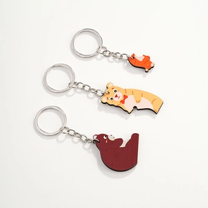 Detailed view of three cute bear keychains in orange, yellow, and brown acrylic material