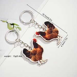Creative Chinese rooster wooden keychain with realistic animal pattern and silver ring