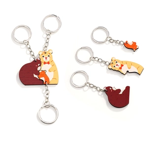 Cute bear family puzzle keychain set with wood grain texture for parents and children