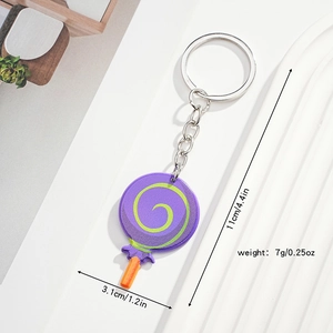 Detailed dimensions of the purple lollipop keychain with green spiral patterns and silver ring
