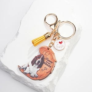 Detail of dog memorial keychain with Forever IN MY HEART wing charm and yellow tassel
