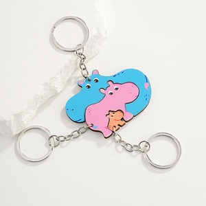 Cartoon Hippo Family Puzzle Stitching Wooden Keychain Pendant For Bag Charms Parent Child Gift Small Wooden Keyring