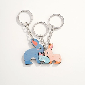 Trois porte-clés lapin en bois colorés bleu et rose, pendentifs de lapin créatifs