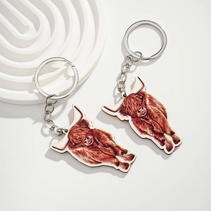 Creative Highland Cow Wooden Keychain Printed Wood Animal Pendant Alloy Ring Car Key Ring Bag Hanging Ornament Accessories