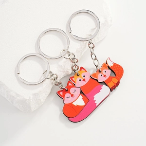 Cartoon Fox Family Wooden Keychain Cute Animal Keyring Bag Pendant For Family Gift Parent-Child Accessories Fashion Decor