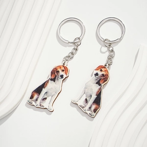 Cute beagle puppy wooden keychain pendants with silver metal ring and clip set of two