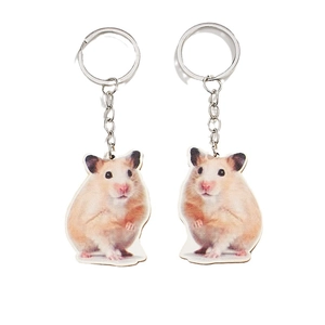 Cute hamster wooden style acrylic keychain set with silver metal ring on white background