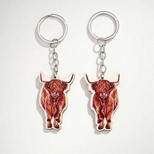 Scottish Highland Cow wooden keychain pendants with realistic animal print and metal rings