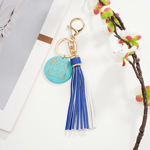 Mother's Day Gift MAMA Letter Printed Wood Round Pendant Keychain Faux Leather Tassels Gold Alloy Bag Charm For Women