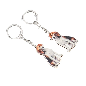 Realistic Beagle dog wooden keychain pendant set with silver metal rings on white base