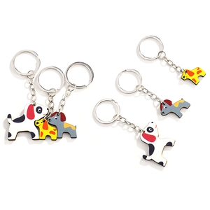 Cute cartoon dalmatian wooden keychains set with colorful spotted puppy designs