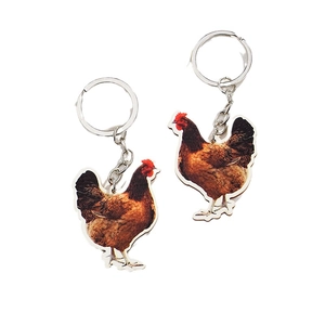Set of two realistic wooden rooster keychains with detailed feather texture and steel ring
