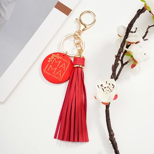 Red Tassel Keychain For Women PU Leather Mama Round Tag Bag Pendant Gold Metal Key Ring Heartfelt Gift Accessory