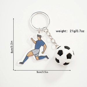 3D soccer ball keychain with running player pendant and metal ring on white background