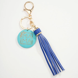 Gold keychain with blue MAMA pendant and navy leather fringe tassels for Mother's Day gift