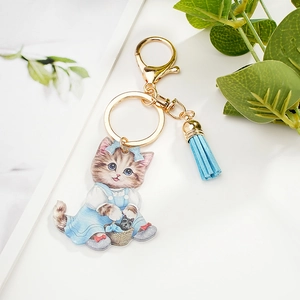Cute Cartoon Cat Acrylic Keychain With Blue Dress Pendant Gold Clasp Light Blue Tassel Decorative Bag Schoolbag Pendant Gift